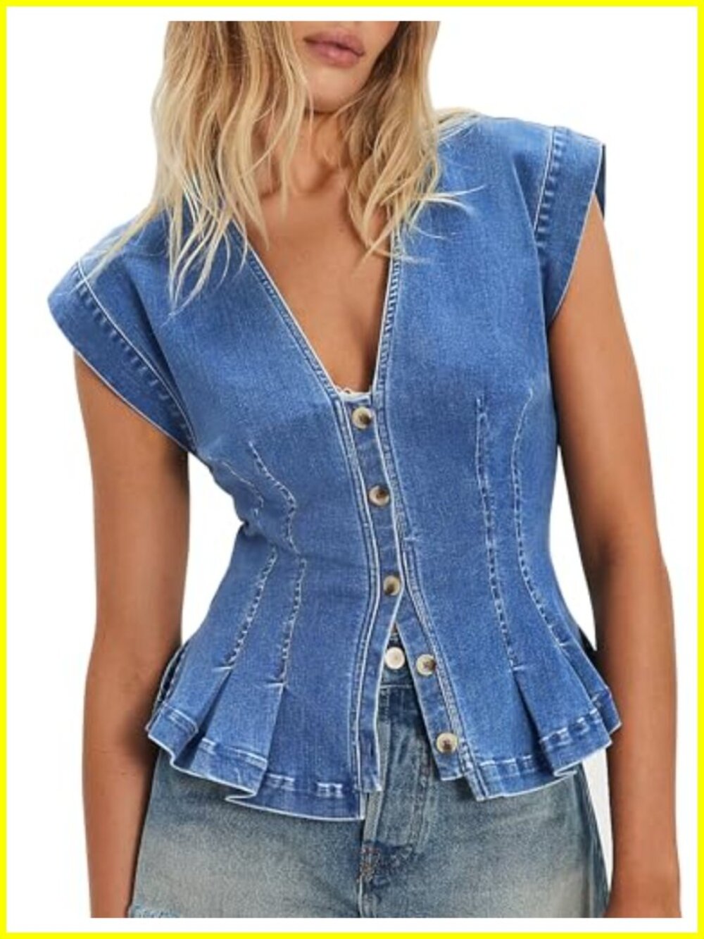 Women's Denim Vest Y2K Pleated Button Down Jean Vest Top